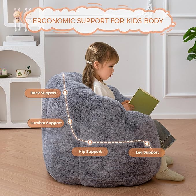 MAXYOYO Kids Bean Bag Chair, Floral Shaped Bean Bag Sofa, Plush Faux Fur Toddler Couch with Petal Backrest for Boys Girls, Stuffed Cozy Sofa for Nursery, Bedroom, Grey