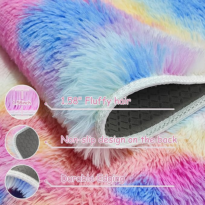3x10 Hot Pink Runner Rainbow Rug for Girls Bedroom Bedside, Soft Fluffy Plush Runner Carpet Shag Kids Area Rug for Little Girls Room, Cute Colorful Princess Rug for Living Room Nursery Hallway