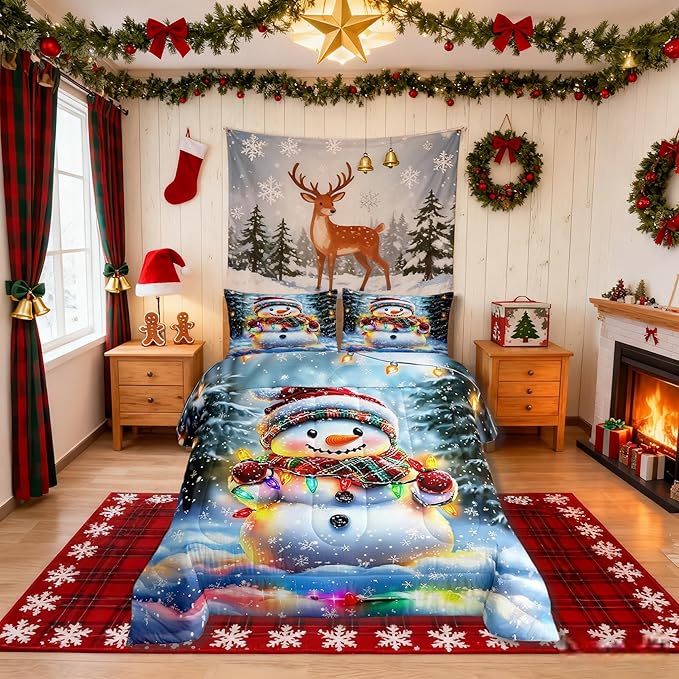 Lovely Snowman Kids Bedding Set Queen Size,Xmas Colorful Lanterns Snowflake Comforter Set,Winter Merry Christmas Quilt Comforter,Rainbow Bedroom Duvet Insert,2 Pillowcases