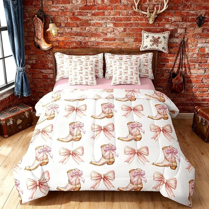 7 Pieces Western Cowgirl Comforter Set King,Pink Bowknot Cowgirl Boots Rustic Farmhouse Bedding Set,Bow Tie Geometric Patchwork Golden（Comforter+Fitted+Flat Sheet+2 Pillowcases+2 Throw Pillow Covers）