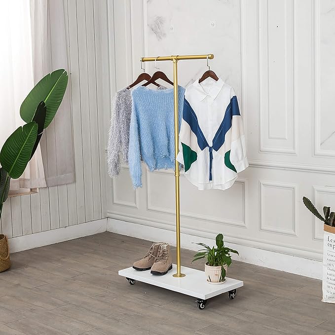59"Tall,Gold, Industrial Pipe Coat Rack Stand,Rolling garment Rack for Hanging Clothes Retail Display,Free Standing Coat Rack,Hallway/Entryway Coat Hanger Stand for Clothes, Suits, Accessories