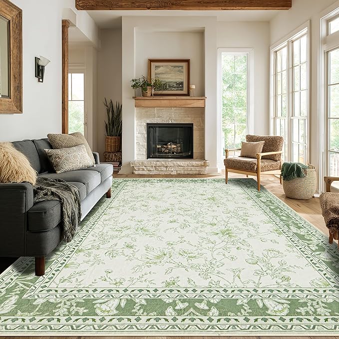Sage Green and Cream Rug 10x14 Living Room Machine Washable Area Rugs Vintage Boho Farmhouse Sketch Style Floral Extra Large for Bedroom Non Slip Soft Carpet for Dining Room Playroom Floor Covering