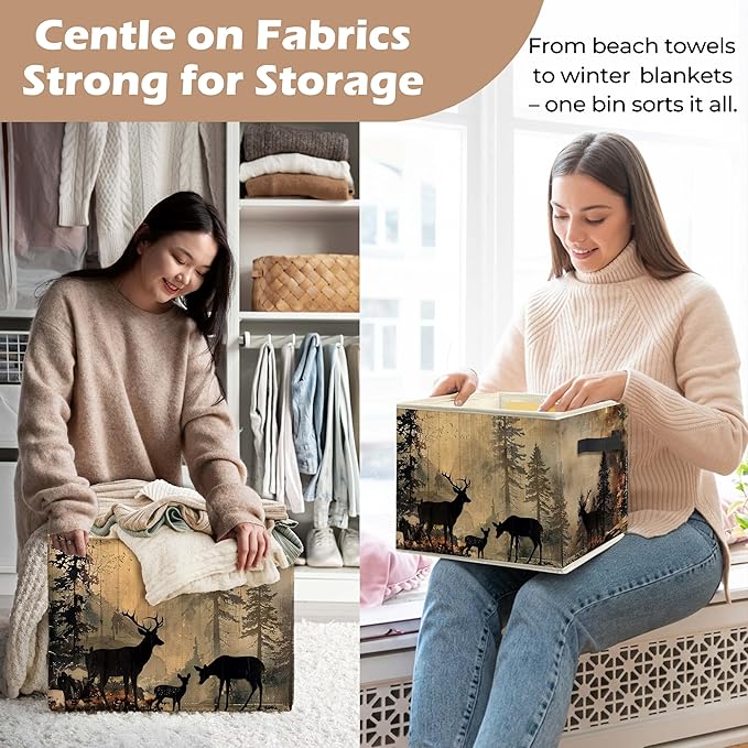 Vintage Camping Forest Deer Nursery Storage Bin Box with Handles, Farmhouse Rustic Deer Foldable Linen Fabric Laundry Basket for Kids Room Nursery Playroom Bathroom Home Clothes Toys Books
