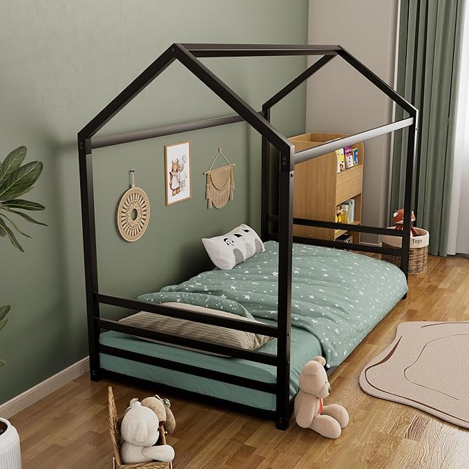 Harper & Bright Designs Full Size Montessori Floor Bed for Children, Metal House Bed Frame with Roof and Fence, Kids Floor Bed Frame for Boys Girls, Easy Assemble, No Slats,Black