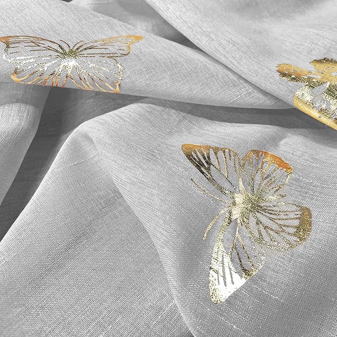 Jubilantex Grey Sheer Curtain with Gold Butterfly Pattern for Kids Room, Linen Textured Rustic Metallic Print 63 Inch Rod Pocket Window Drapes for Girls Bedroom Living Room, 2 Panels