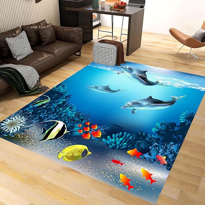 Sea Dolphin Indoor Area Mat, 4x5ft, Ocean Beach Coral Fish Bathroom Rug, Blue Ocean Theme Reduce Noise Home Decor Mat, Nursery Decor Washable Nonskid Carpet for Office Floor Sofa