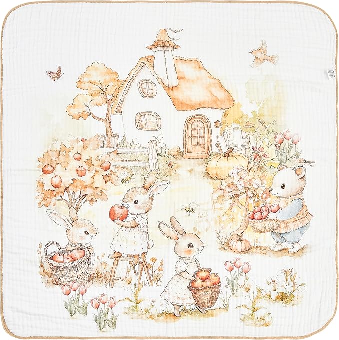 Luxury Muslin Baby Blanket, Cozy Swaddle, 6-Layer Cotton Receiving Blanket for Newborn Infant, 43x43 Inch Lightweight Breathable Crib Blanket, Nursery Stroller Toddler Quilt, Rabbits