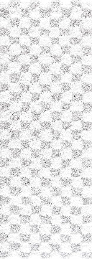 Hauteloom Atira Contemporary Checkered Fluffy Shag Area Rug - Modern Geometric Carpet Tiles for Living Room, Kids Room, Nursery - Plush Pile - Light Gray, Cream - 18" Sample