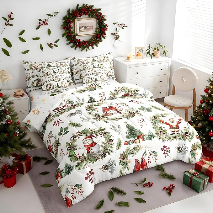 Erosebridal Merry Christmas King Comforter Set with Sheets 7 Piece Red Green Xmas Cardinal Bed in A Bag Xmas Snowman Santa Claus Bedding Sets for Teens Christmas Red Berry Branches Wreath Bed Set