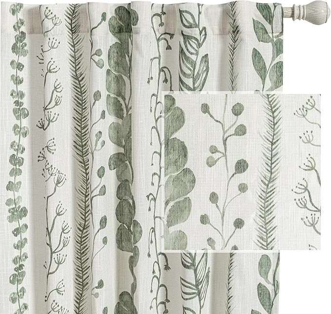 MEETSKY Sage Green Curtains 63 Inches Long Boho Curtains for Living Room Bedroom Semi-Sheer Linen Style Back Tab Drapes Light Filtering Leaf Printed Window Curtain, 50” Wide Each Panel, 2 Panels