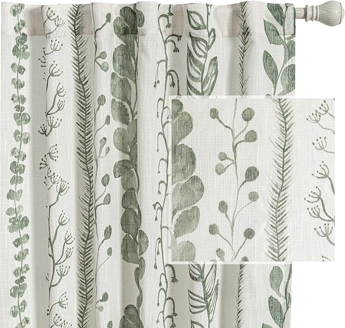 MEETSKY Sage Green Curtains 90 Inches Long 2 Panels Boho Curtains for Living Room Light Filtering Patterned Drapes for Bedroom Linen Style Back Tab Leaf Print Window Treatment, 50” Wide Each Panel