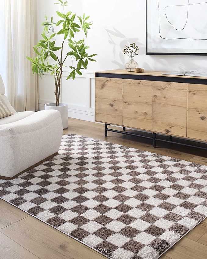 Hauteloom Canika Modern Checkered High Pile Area Rug - Contemporary Geometric Carpet for Living Room, Bedroom - Machine Washable Area Rug - Off-White, Dark Brown - 7'10" x 10'