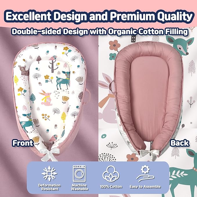 Baby Lounger for Newborn 0–24 Months, Baby Pillow & Baby Nest Lounger, Organic Cotton Breathable Infant Pillow, Portable Baby Nest for Home & Travel (Pink)