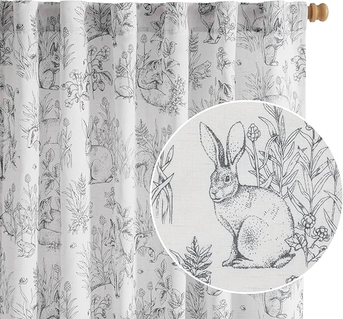 jinchan Linen Nursery Curtains 63 inch Long Woodland Wildlife Black Print Drapes for Kid's Room Light Filtering French Country Farmhouse Curtains with Bunny and Forest Design Set of 2 Panels