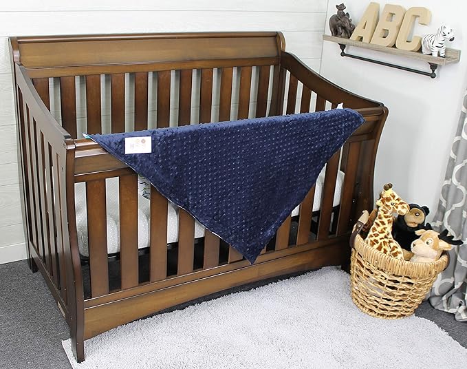 Baby Blanket - Blue and Green Dinosaurs on White with Navy Blue Minky Dot