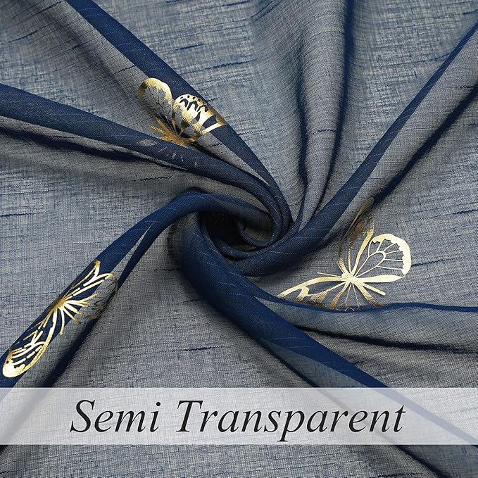 Jubilantex Butterfly Sheer Curtains Navy Blue Drapery with Gold Print Pattern 84 Inch Long, Kids Nursery Bedroom Voile Linen Textured Curtain Rod Pocket Window Drapes, 2 Panels