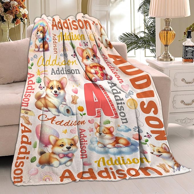 Personalized Custom Corgi Dog Blanket Gifts for Kids Boys Girls with Name - Customized Corgi Dog Super Soft Lightweight Flannel Sheets Decor for Crib Nap Couch - 90"x120" for Whole Family
