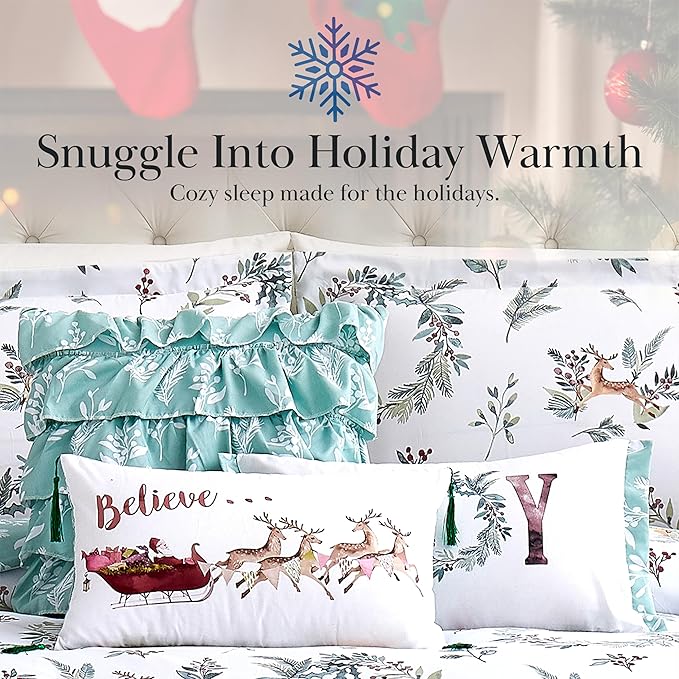 Southshore Fine Living, Inc. 6-Piece Reversible Christmas Bedding Queen, White Christmas Comforter Set Queen Size/Full, 2 Throw Pillows, 2 Shams, 1 Throw Pillow Cover, Holiday Bedding - Happy Holidays