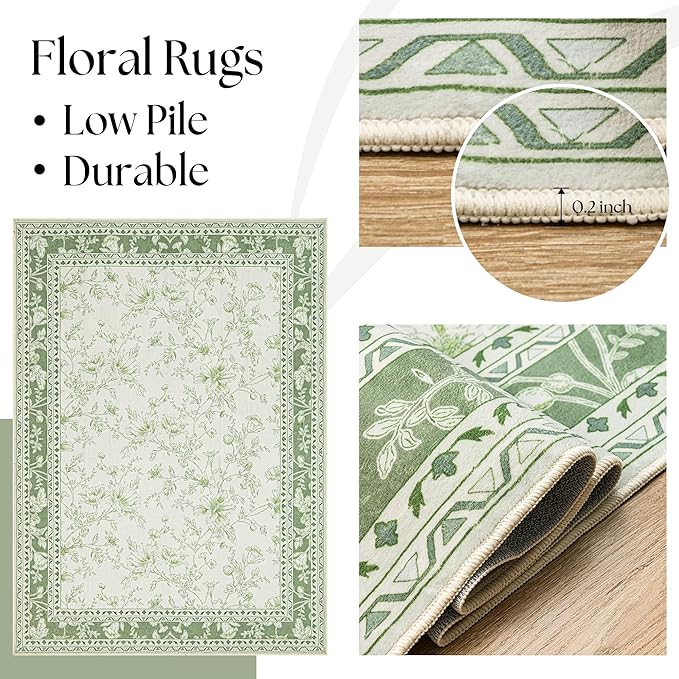 Green 4x6 Small Rug for Living Room Cream Beige and Sage Green Area Rug for Kitchen, Bedside, Dining Room, Laundry, Large Entryway Indoo Non Slip with Rubber Backing, Boho Aethestic Farmhouse D閏or