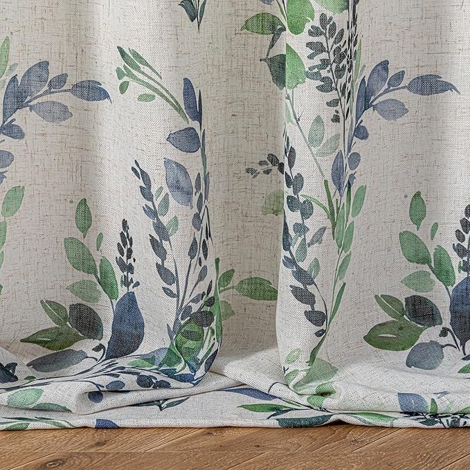 MYSKY HOME Linen Sheer Curtains for Living Room Leaf Patterned Semi Vertical Drapes Decor Farmhouse Style Texture for Dining Room Light Soften Privacy, Green, W52 x L84, Pack-2