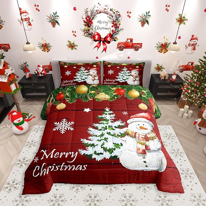 Manfei Christmas Comforter Set Queen Size, Cute Snowman Tree Print Quilt Set with 2 Pillowcases, New Year Theme Rustic Style Xmas Bedding Set 3pcs for Kids Boys Girls Bedroom Decor