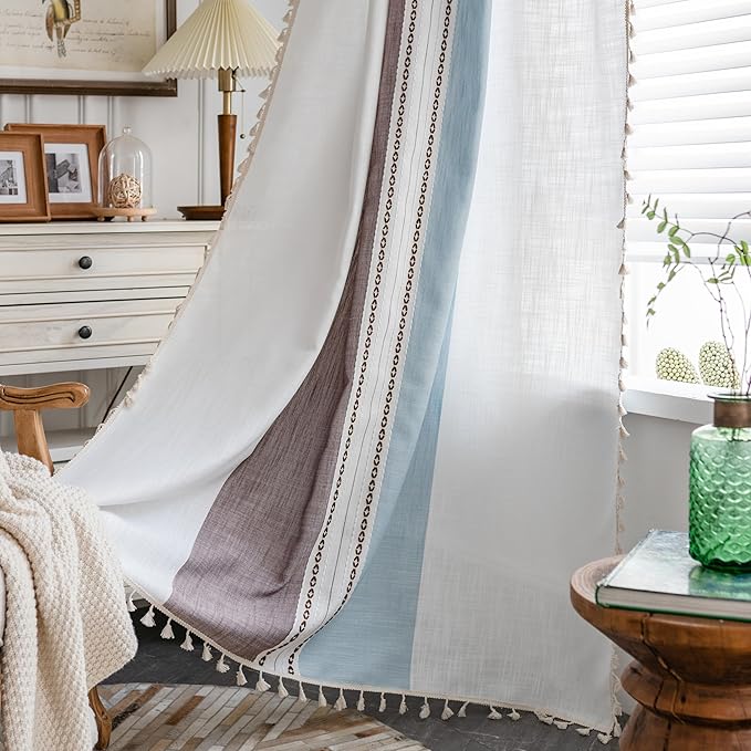 Deeprove Boho Linen Curtains 72 inch for Bedroom Living Room, Semi Blackout Southwest Fringe Window Treatment Bohemian Geometry Drape Rod Pocket 1 Panel 52" W x 72" L, Blue and Brown