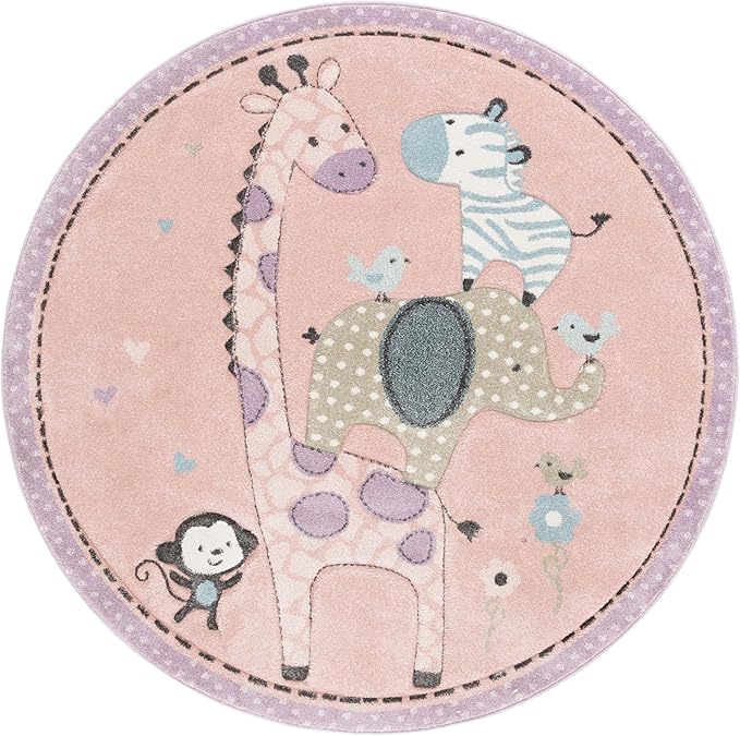 SAFAVIEH Carousel Kids Collection Area Rug - 4' Round, Blush Pink, Animal Design, Easy Care & Non-Shedding, Ideal for High Traffic Areas for Boys & Girls in Playroom, Nursery (CRK120U-4R)