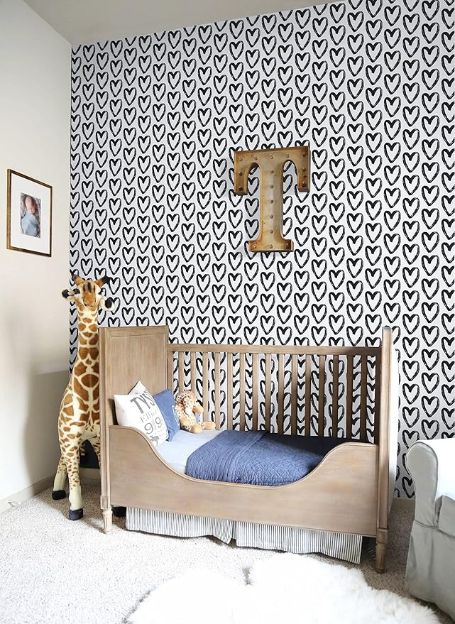 Timeet Modern Heart Peel and Stick Wallpaper - Self Adhesive, 17.7"x78.7", Black and White, Removable, Decorative for Bedroom, Living Room, Bathroom