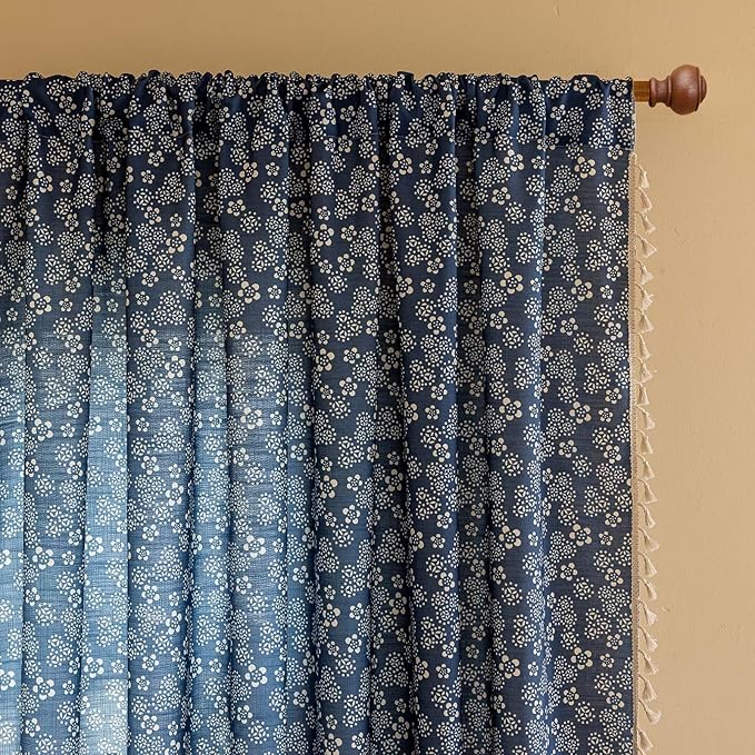 ENJOYBRIDAL White Floral Curtains 96 Inches Long Semi Sheer Navy Blue Drapes Decor Farmhouse Bedroom Tassel Window Curtains 2 Panel Sets Boho Rod Pocket Living Room Aesthetic Window Treatments