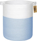 COMFY-HOMI XXL Large Laundry Basket with Handles Blanket Baskets Living Room|Woven Cotton Rope Decorative Basket Laundry Hamper Baby Basket Nursery Dog Toy Storage Organizer Bin-16”x18”-White/Blue