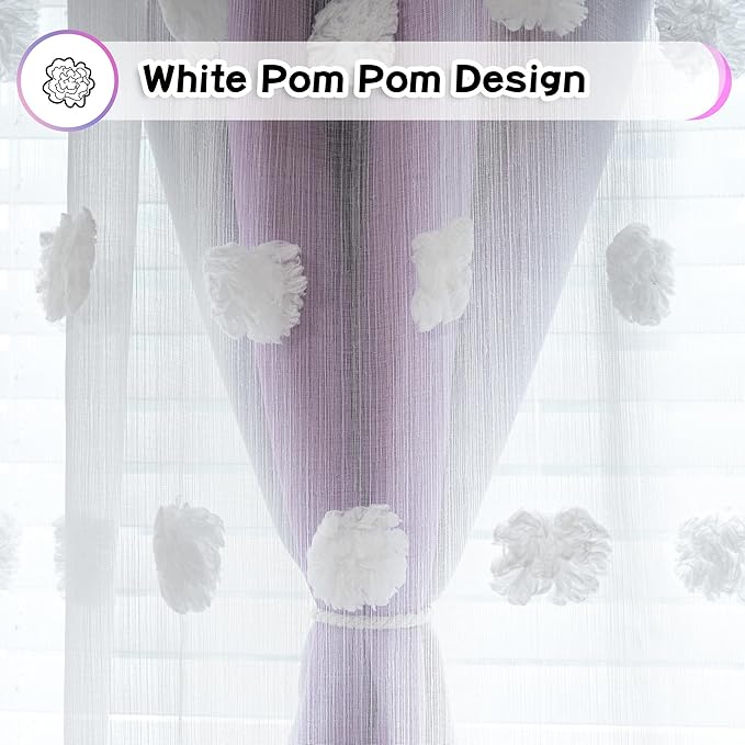 MYSKY HOME Double Layer Curtains for Girls Bedroom Pink Purple Curtains for Daughter Room Ombre Kids Curtains White Pom Pom Sheer Drapes 63 Inches Length Room Darkening Grommet 2 Panels W52 X L63