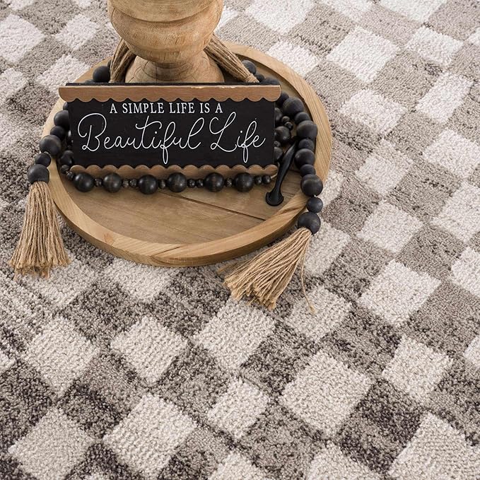 Hauteloom Pertek Modern Checkered Area Rug - Modern Geometric Carpet for Living Room, Kids Room, Nursery - Bohemian Boho Carpet - Brown, Beige, Cream - 7'10" x 10'