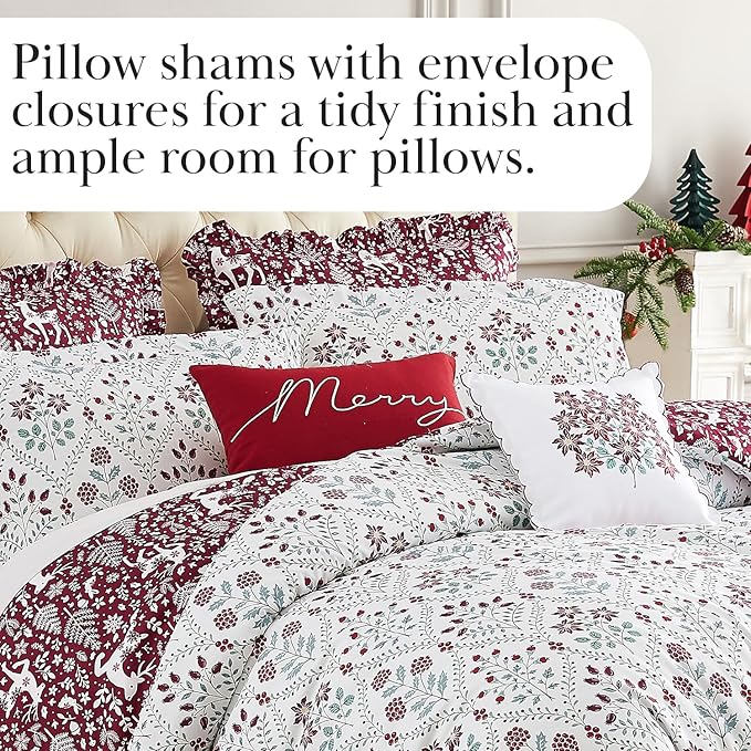 Southshore Fine Living, Inc. 5-Piece Reversible Christmas Comforter Set Twin/Extra Long, Twin Christmas Bedding, Red & White Holiday Bedding, 2 Throw Pillows, 2 Shams - Holiday Harmony