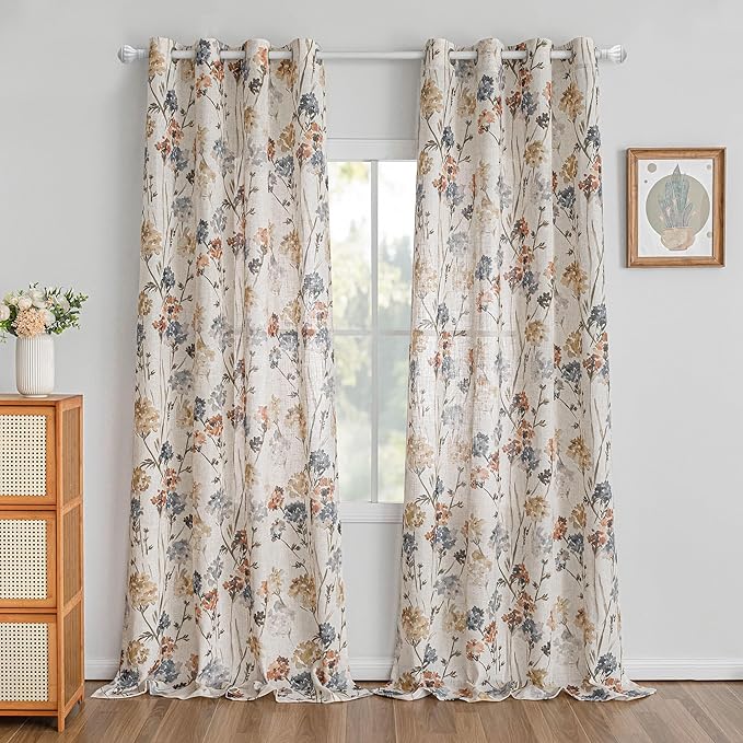 MYSKY HOME Long Floral Curtains for Living Room Bedroom Linen Semi Sheer Light Filtering Privacy Protect Drapes Flower Print Farmhouse Soft Touch for Dining Room, Yellow, W52 X L102, Pack-2