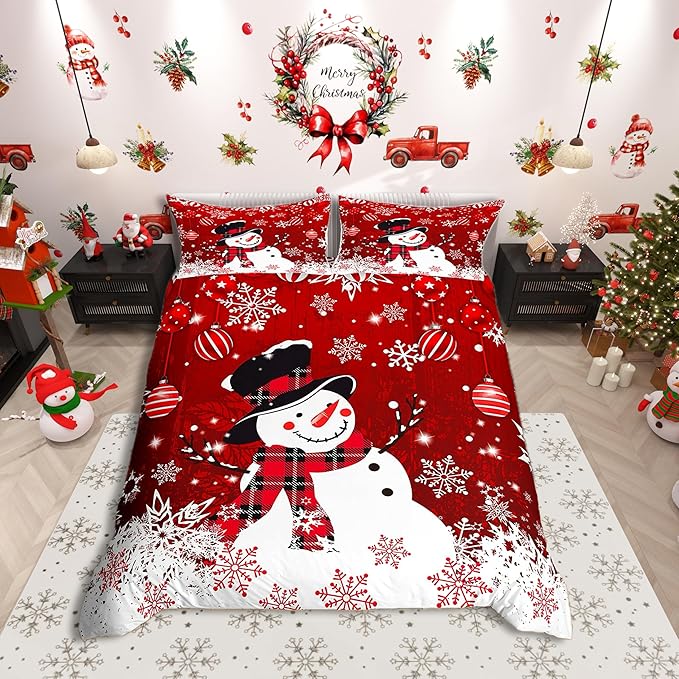 Manfei Snowman Duvet Cover Set Full Size, Snowflake Balloon Xmas Decor Comforter Cover with 2 Pillowcases, Christmas Red Bedding Set 3pcs for Kids Boy Girls Lightweight Bedspread Cover,No Comforter