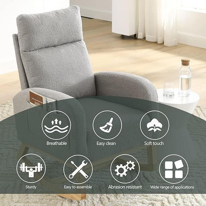 Dolonm Rocking Chair Mid-Century Modern Nursery Rocking Armchair Upholstered Tall Back Accent Glider Rocker for Living Room (Gray)