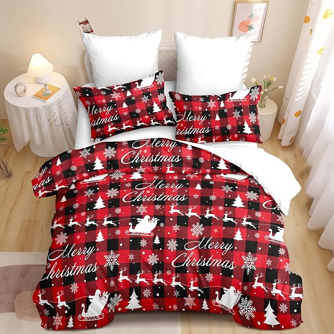 Christmas Duvet Cover Full Size Red Black Gingham Bedding Set 3 Pcs Kids Boys Girls Christmas Deer Pattern Soft Warm Comforter Cover with Zipper Closure (No Comforter)