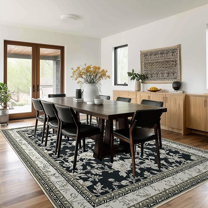 Extra Large Black Area Rug for Living Room 10x14, Floral Dining Room Rugs for Under Table, Washable Soft Non Slip Low Pile Carpet for Large Bedroom Black with Beige Cream Taupe Floral Design 10 x 14