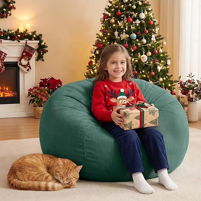 Nobildonna 3 ft Bean Bag Chair Cover (No Filler) 35"×43" Large Stuffed Animal Storage Bean Bag Washable Big Beanbag Chair Cover Premium Corduroy Stuffable Bean Bag Cover for Adults,Kids,Green 300L