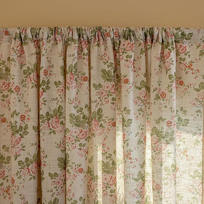 ENJOYBRIDAL Pink Floral 63 Inch Curtains 2 Panel Set Bedroom Semi Sheer Drapes Short Living Room Farmhouse Window Curtain Panels Boho Dining Room Decor Rod Pocket Tassel Window Treatments