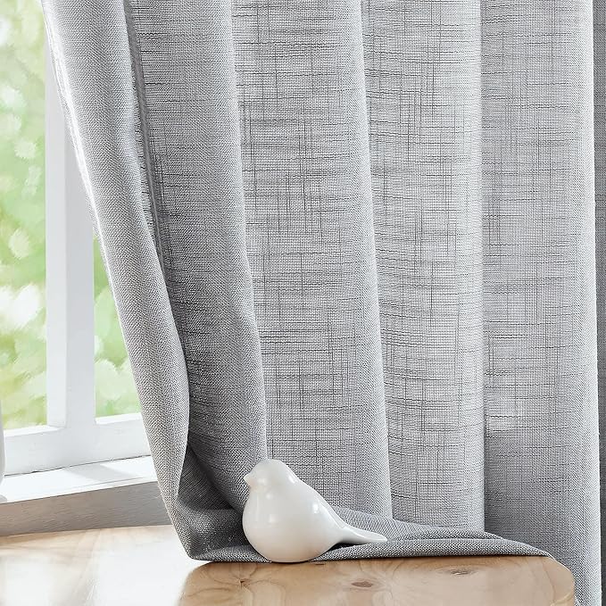 FMFUNCTEX Linen Semi Sheer Curtains for Bedroom, Grey Curtains 84 Inches Long for Living Room, Country Farmhouse Sheer Drapes, Light Filtering Window Curtain, Grommet Top 2 Panels