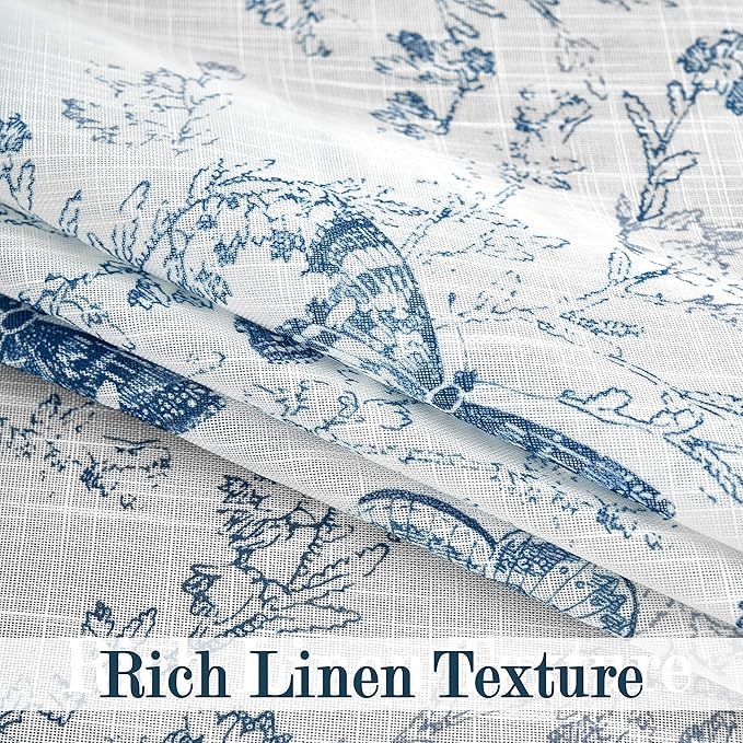 Jubilantex Butterfly Leaf Semi Sheer Curtains 95" L Curtain Panels for Kids Bedroom,Blue Print on White Light Filtering Window Drapes,Grommet Top