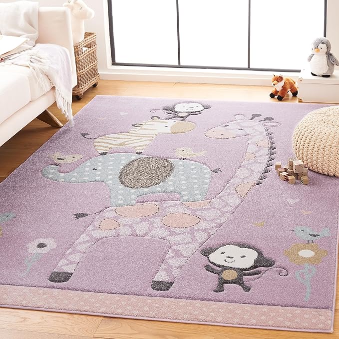 SAFAVIEH Carousel Kids Collection Area Rug - 4' Square, Purple, Animal Design, Ideal for High Traffic Area for Boys & Girls in Playroom, Nursery, Bedroom (CRK120V-4SQ)