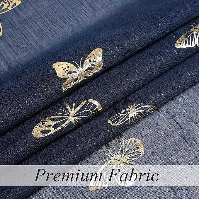 Jubilantex Butterfly Sheer Curtains Navy Blue Drapery with Gold Print Pattern 84 Inch Long, Kids Nursery Bedroom Voile Linen Textured Curtain Rod Pocket Window Drapes, 2 Panels