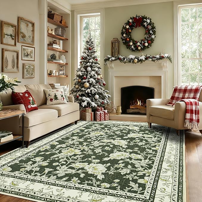 Olive Green Floral Print Area Rugs for Bedroom Living Room Boho Farmhouse Country Rustic Dining Room Carpet Soft Washable Rugs Non Slip Floor Covering for Nursery Playroom 8x10