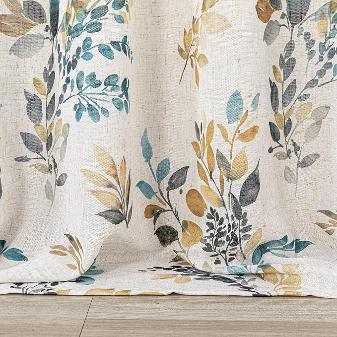 MYSKY HOME Bedroom Linen Look Semi Sheer Floral Curtains 63 inch Length 2 Panels for Kitchen Small Window Kids Room Decor Leaves Pattern Light Soften Privacy Drapes, Yellow and Blue, 2Pcs
