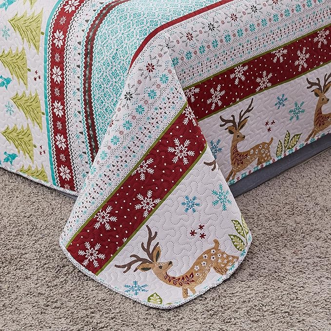 Christmas Bedding Set Twin Size Christmas Quilt Bedspread Xmas Bedding Reversible Christmas Quilt Coverlet Rustic Lodge Deer Snowflake Bedding Cabin Home Holiday Decor Xmas Quilt
