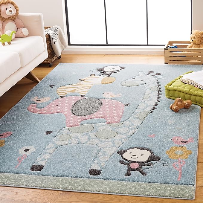 SAFAVIEH Carousel Kids Collection Area Rug - 4' x 6', Blue, Animal Design, Easy Care & Non-Shedding, Ideal for High Traffic Areas for Boys & Girls in Playroom, Nursery (CRK120K-4)