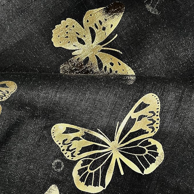 Jubilantex Black and Gold Butterfly Sheer Curtain Panels for Bedroom, Linen Textured Metallic Print Patterned Voile Rod Pocket Curtain Drapes 84 Inch Long for Bedroom, 2 Panels
