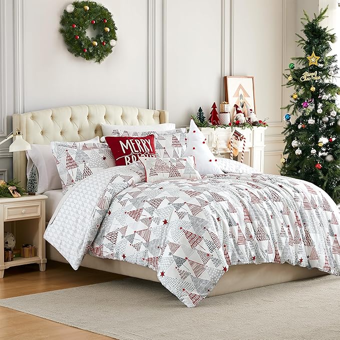 Southshore Fine Living, Inc. 6-Piece Christmas Comforter Set Queen, Reversible Christmas Bedding, Winter Comforter Queen/Full, 3 Throw Pillows, 2 Shams, Holiday Bedding, Red & Grey, Merry & Bright